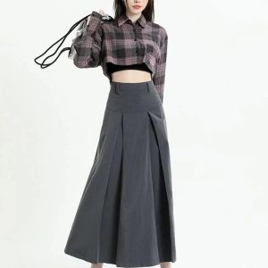 Y2K Fashion Pleated A-Line Midi Skirt - Coquette & Grunge Aesthetic