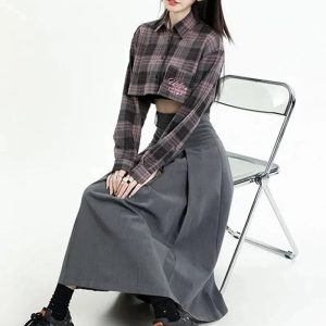 Y2K Fashion Pleated A-Line Midi Skirt - Coquette & Grunge Aesthetic