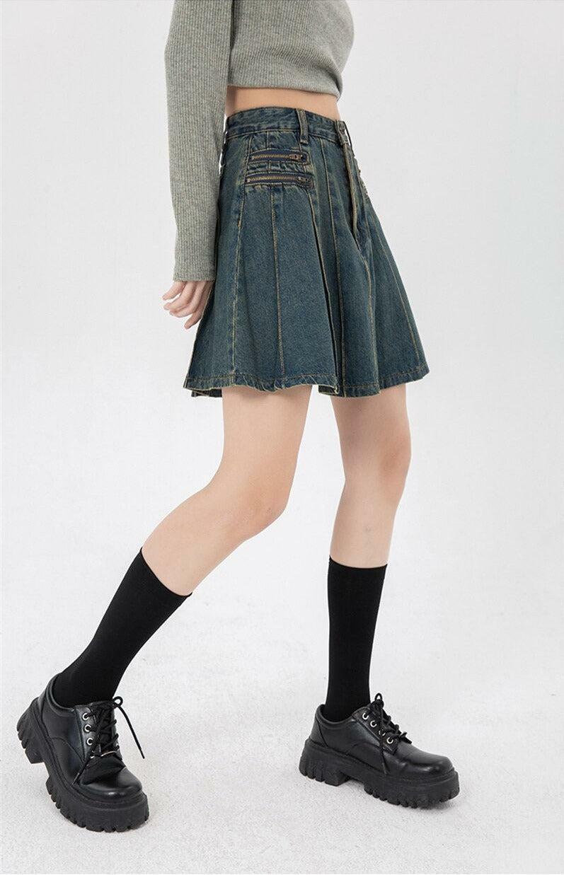 Y2K Fashion Pleated Denim Mini Skirt - Grunge Aesthetic & Coquette Style