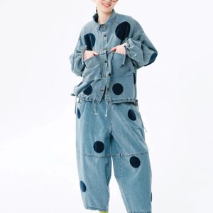 Y2K Fashion Polka Dot Denim Jacket - Cute Oversized Grunge Style Outerwear