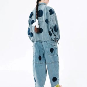 Y2K Fashion Polka Dot Denim Jacket - Cute Oversized Grunge Style Outerwear