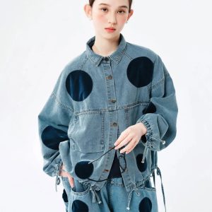 Y2K Fashion Polka Dot Denim Jacket - Cute Oversized Grunge Style Outerwear