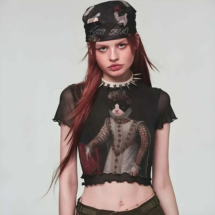 Y2K Fashion Princess Cat Crop Top - Cute Aesthetic Tee for Coquette Style