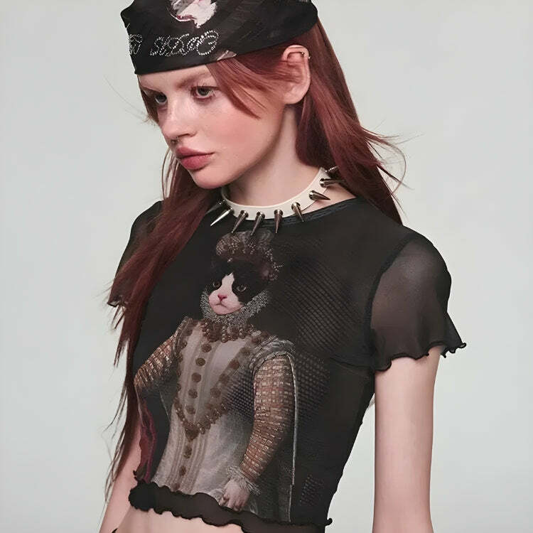 Y2K Fashion Princess Cat Crop Top - Cute Aesthetic Tee for Coquette Style