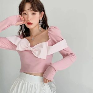 Y2K Fashion Puff Shoulder Bow Crop Top - Coquette Aesthetic Style