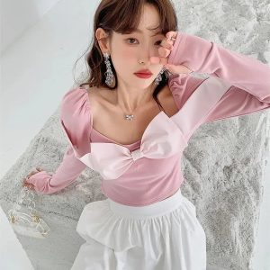 Y2K Fashion Puff Shoulder Bow Crop Top - Coquette Aesthetic Style