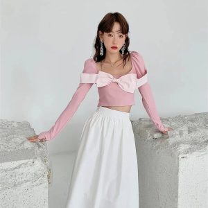 Y2K Fashion Puff Shoulder Bow Crop Top - Coquette Aesthetic Style