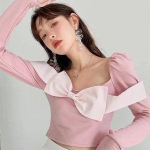 Y2K Fashion Puff Shoulder Bow Crop Top - Coquette Aesthetic Style