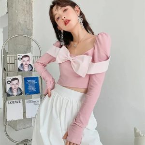 Y2K Fashion Puff Shoulder Bow Crop Top - Coquette Aesthetic Style