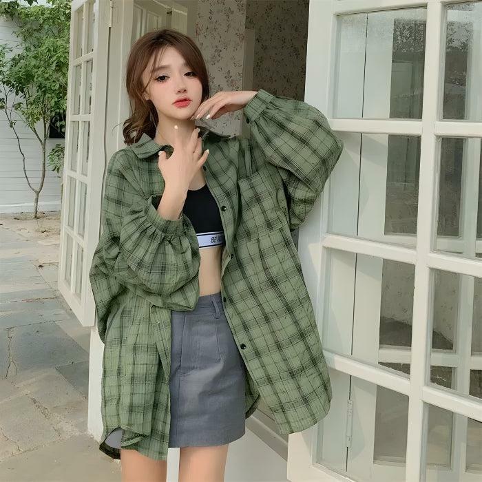 Y2K Fashion Puff Sleeved Plaid Shirt - Coquette Aesthetic Top