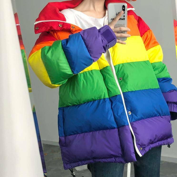 Y2K Fashion Puffy Rainbow Jacket - Cute Oversized Aesthetic Outerwear