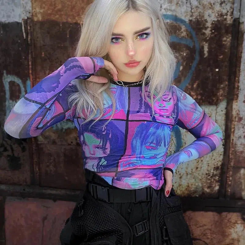 Y2K Fashion Punk Girls Mesh Top - Grunge Aesthetic Oversized Style