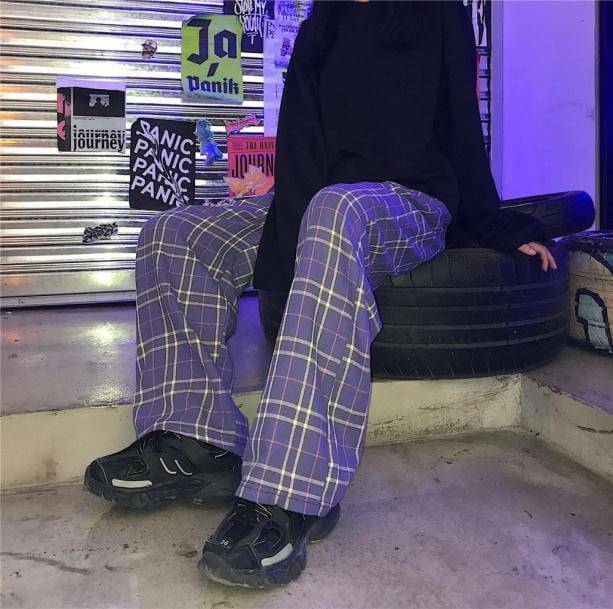 Y2K Fashion Purple Checkerboard Pants - Grunge Aesthetic & Coquette Style