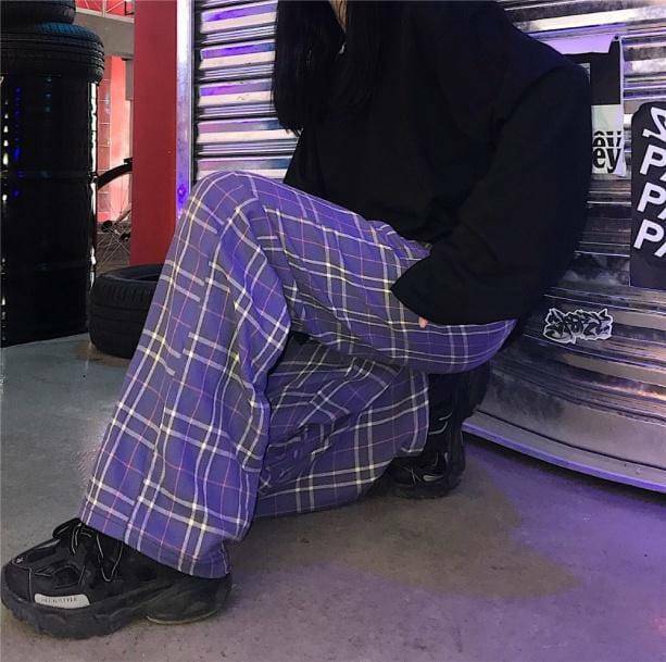 Y2K Fashion Purple Checkerboard Pants - Grunge Aesthetic & Coquette Style