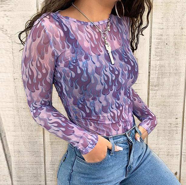 Y2K Fashion Purple Flames Top - Grunge Aesthetic Oversized Tee