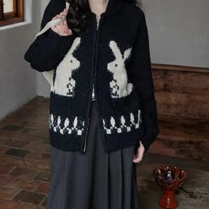 Y2K Fashion Rabbit Knitted Zip Cardigan - Coquette Aesthetic Sweater