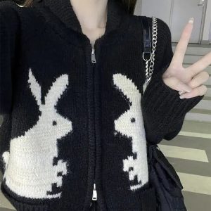 Y2K Fashion Rabbit Knitted Zip Cardigan - Coquette Aesthetic Sweater