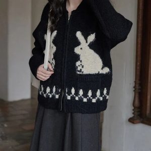 Y2K Fashion Rabbit Knitted Zip Cardigan - Coquette Aesthetic Sweater