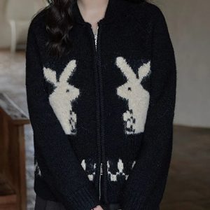 Y2K Fashion Rabbit Knitted Zip Cardigan - Coquette Aesthetic Sweater