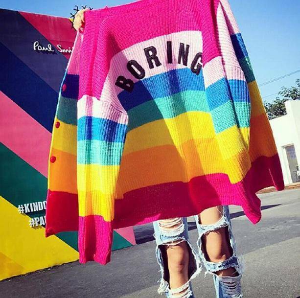 Y2K Fashion Rainbow Cardigan: Coquette Aesthetic Oversized Sweater