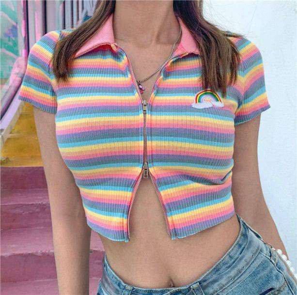 Y2K Fashion Rainbow Zipper Up Top - Cute Coquette & Grunge Aesthetic