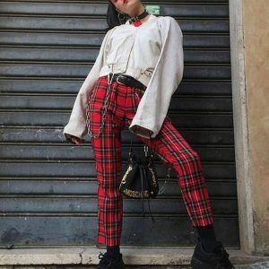 Y2K Fashion Red Checkered Pants - Grunge Aesthetic & Coquette Style