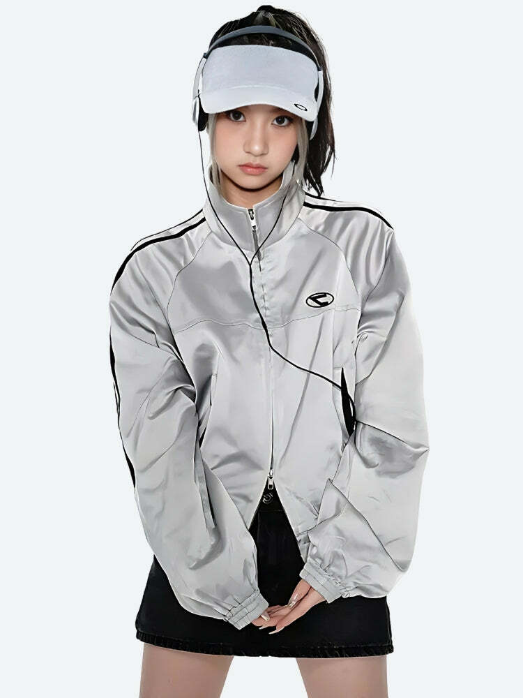 Y2K Fashion Reflective Double Zip-Up Jacket for Grunge & Coquette Styles