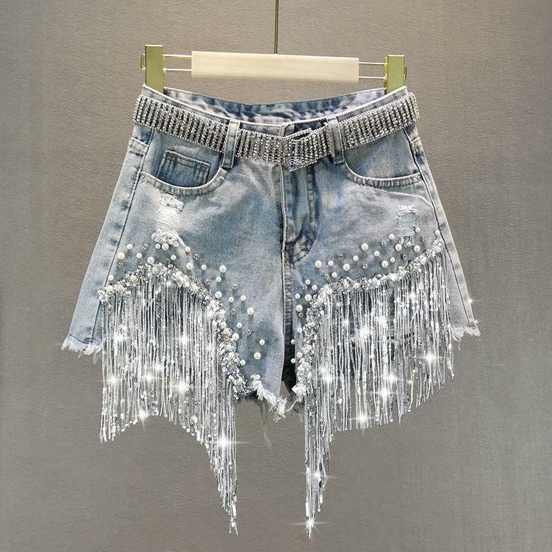 Y2K Fashion Rhinestone Fringe Denim Shorts - Grunge & Coquette Style