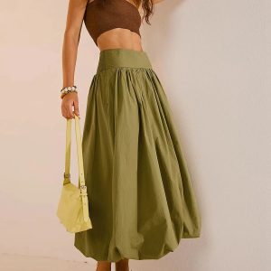 Y2K Fashion Ruched Bubble Hem Midi Skirt - Coquette & Grunge Aesthetic