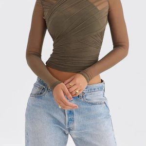 Y2K Fashion Ruched Sheer Zip-Up Mesh Top - Coquette & Grunge Aesthetic