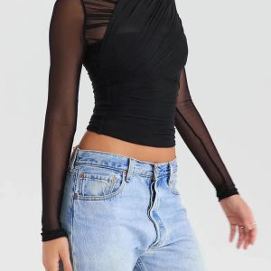 Y2K Fashion Ruched Sheer Zip-Up Mesh Top - Coquette & Grunge Aesthetic