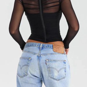 Y2K Fashion Ruched Sheer Zip-Up Mesh Top - Coquette & Grunge Aesthetic