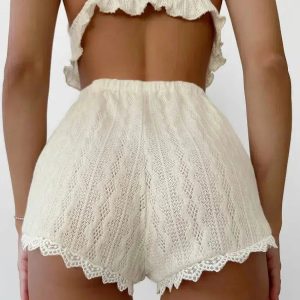 Y2K Fashion Ruffled Crop Top & Lace Trim Shorts Coquette Aesthetic Set