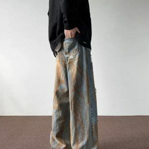 Y2K Fashion Rusty Pattern Wide Leg Denim Jeans for Grunge & Coquette Style