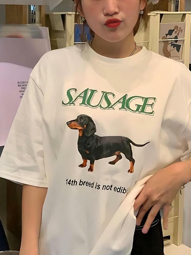 Y2K Fashion Sausage Dog Tee - Cute Oversized Graphic Shirt for Emo & Coquette Styles