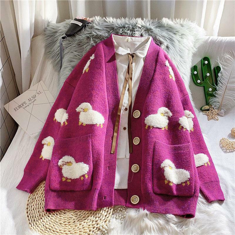 Y2K Fashion Sheep Embroidery Oversized Cardigan - Coquette & Grunge Style