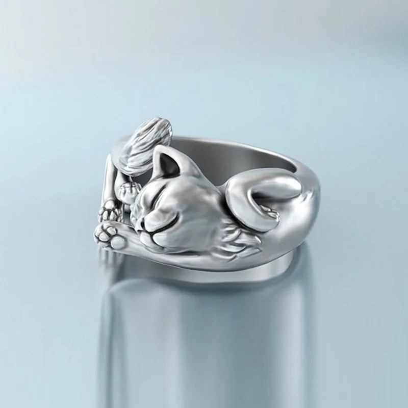 Y2K Fashion Sleeping Cat Ring - Cute Coquette Aesthetic Jewelry