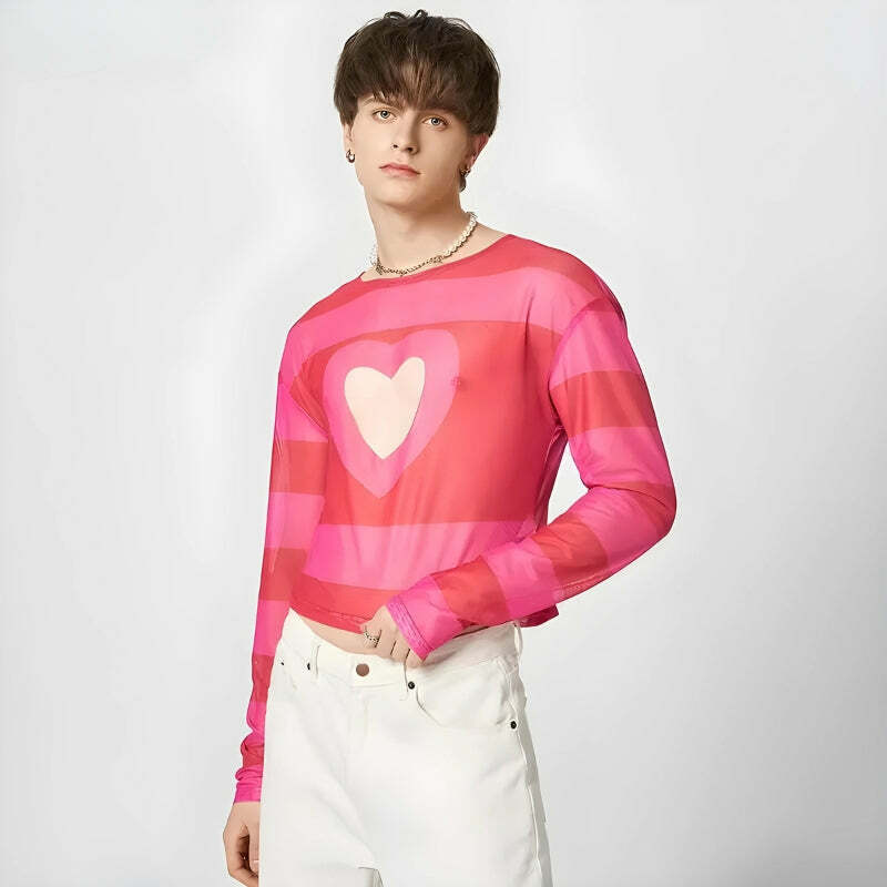 Y2K Fashion Soft Boy Heart Cut Out Crop Top - Cute Aesthetic Tee