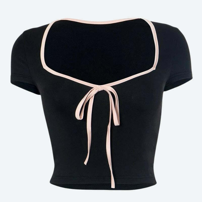 Y2K Fashion Soft Girl Bow Sweetheart Neckline Top - Coquette Aesthetic