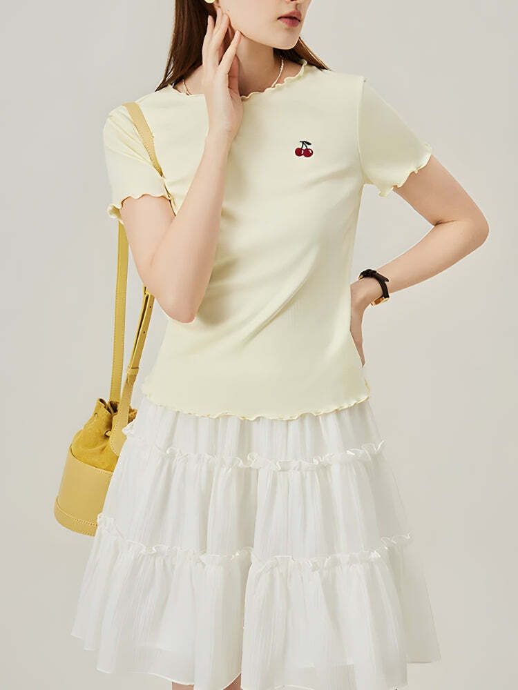 Y2K Fashion Soft Girl Cherry Lettuce Edge Tee - Cute Aesthetic Top