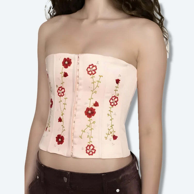 Y2K Fashion Soft Girl Embroidered Beaded Corset Top - Coquette Aesthetic