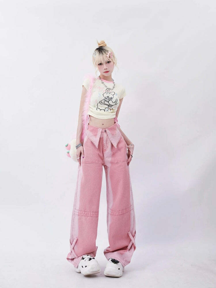 Y2K Fashion Soft Girl Folded Waist Jeans - Grunge Aesthetic & Coquette Style