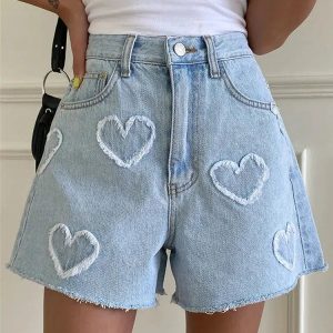 Y2K Fashion Soft Girl Heart Patch Denim Shorts for Cute Aesthetic Outfits