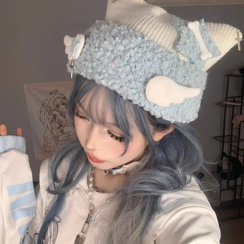 Y2K Fashion Soft Girl Kawaii Wings Knitted Beanie for Coquette Aesthetic