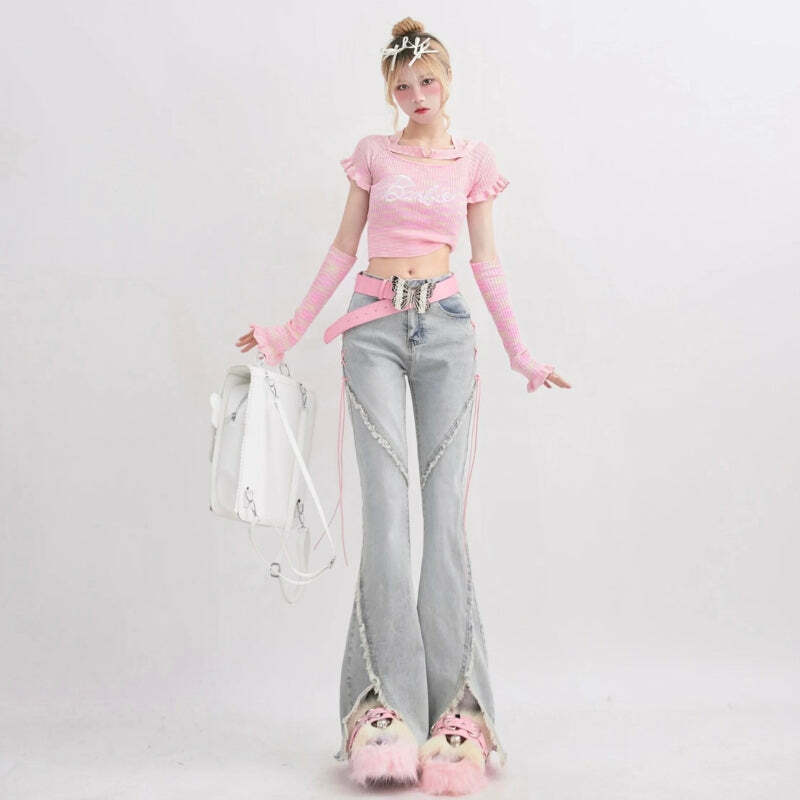 Y2K Fashion Soft Girl Lace-Up Slit Flare Jeans for Coquette Aesthetic