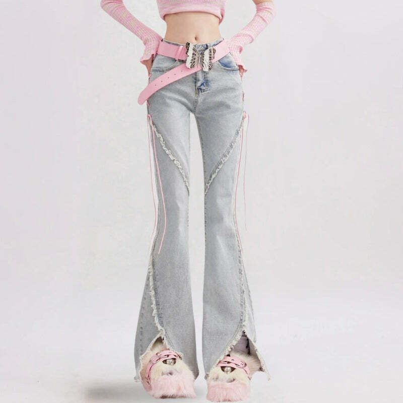 Y2K Fashion Soft Girl Lace-Up Slit Flare Jeans for Coquette Aesthetic