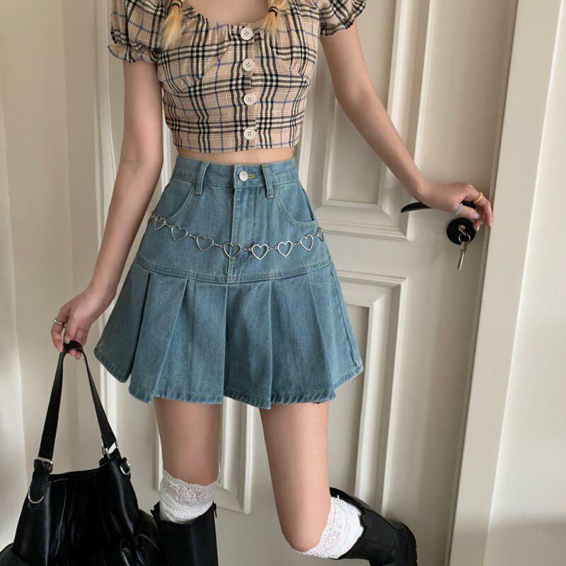 Y2K Fashion Soft Girl Pleated Denim Mini Skirt - Coquette Aesthetic Style