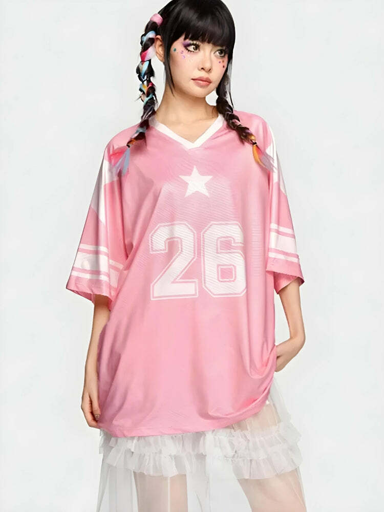 Y2K Fashion Soft Girl Star Jersey Top - Cute Oversized Graphic Tee