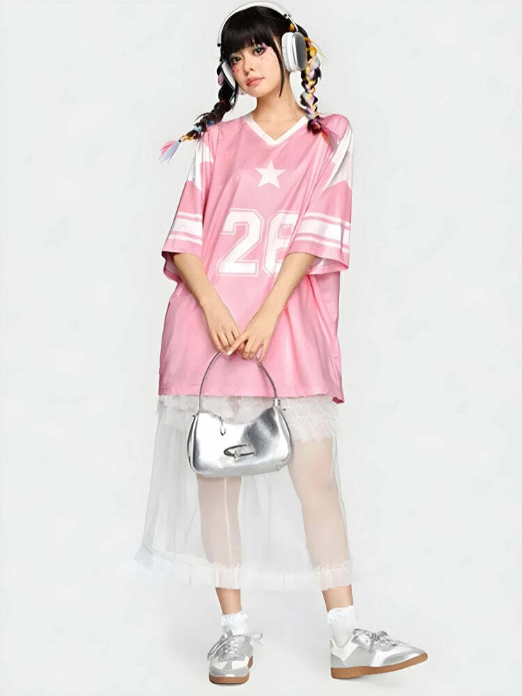 Y2K Fashion Soft Girl Star Jersey Top - Cute Oversized Graphic Tee