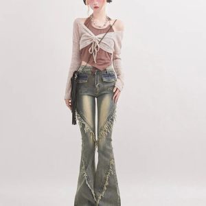 Y2K Fashion Soft Grunge Tasseled Flare Jeans for Coquette Aesthetic